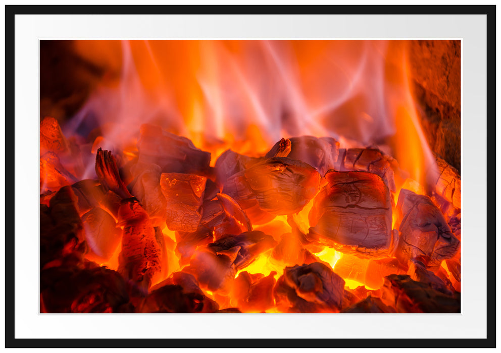 Pixxprint Holzkohle Feuer, im Galerie-Passepartout Bilderrahmen