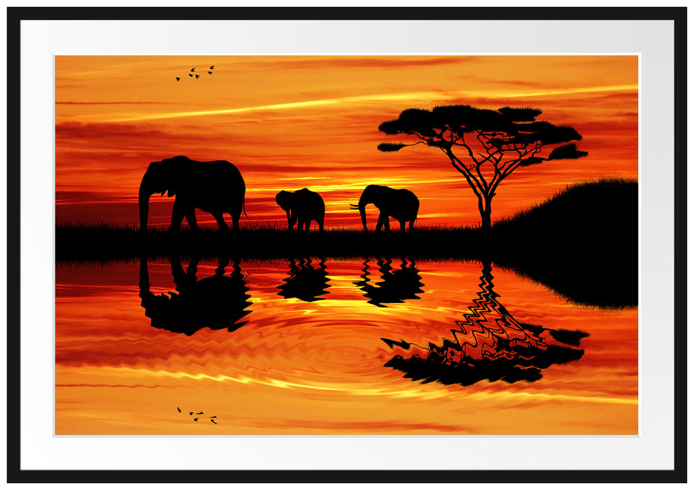 Pixxprint Afrika Elefant in Sonnenschein, im Galerie-Passepartout Bilderrahmen