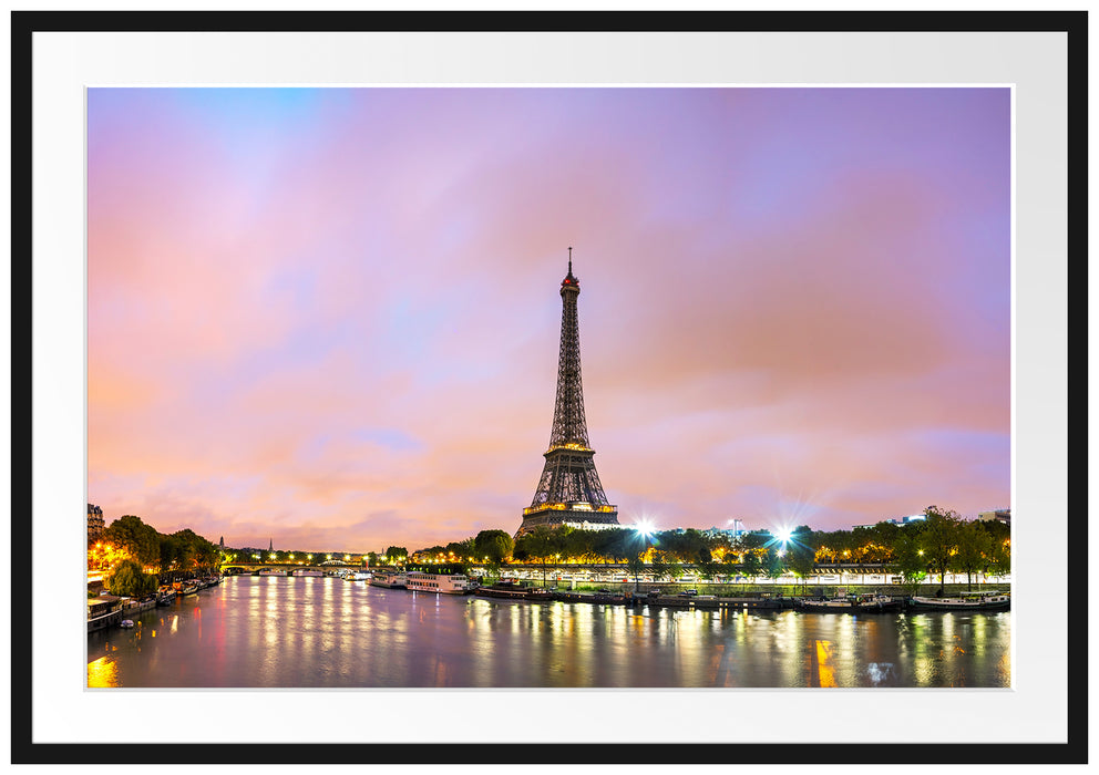 Pixxprint Eifelturm Paris bei Nacht, im Galerie-Passepartout Bilderrahmen