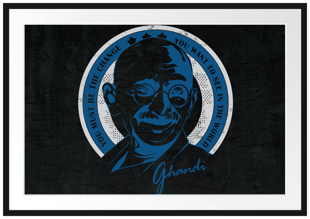 Pixxprint Ghandi Black, im Galerie-Passepartout Bilderrahmen