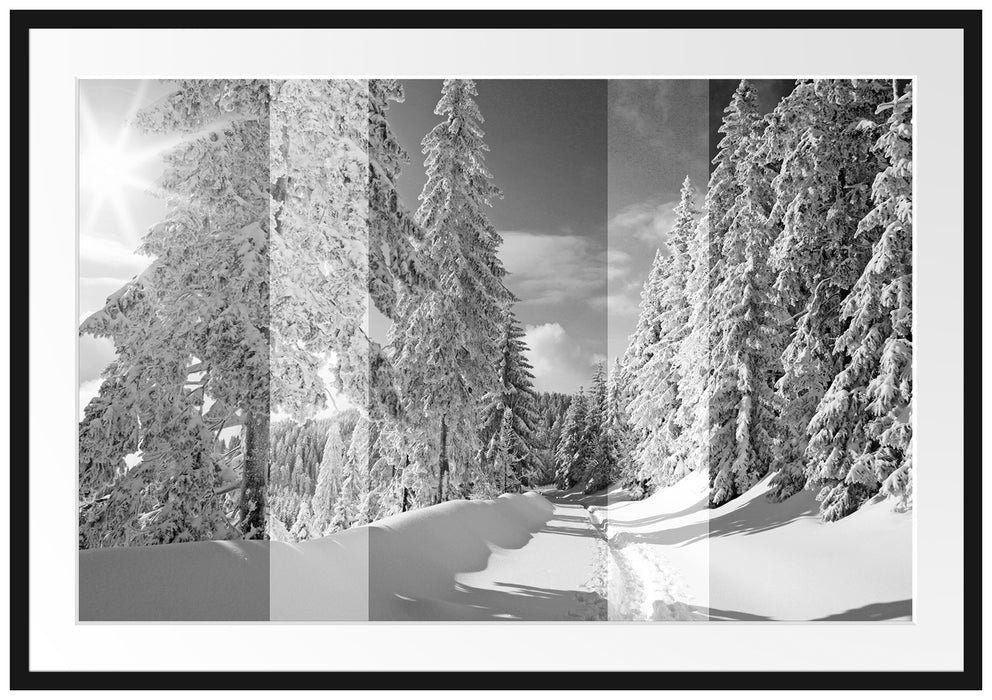 Pixxprint Winterlandschaft mit Bäumen, im Galerie-Passepartout Bilderrahmen