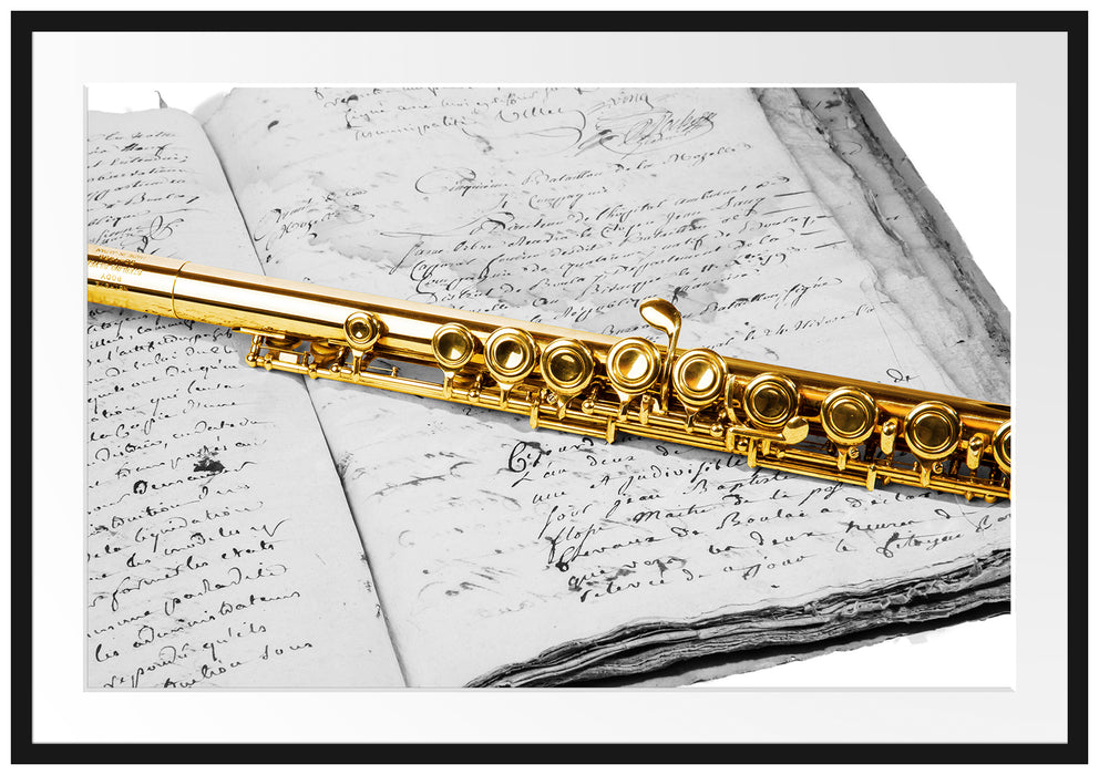 Pixxprint schöne Querflöte auf altem Buch, im Galerie-Passepartout Bilderrahmen