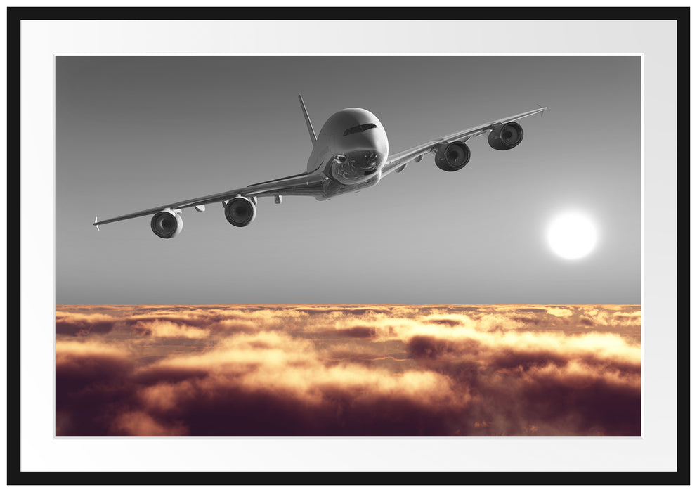 Pixxprint Flugzeug über Wolkenmeer, im Galerie-Passepartout Bilderrahmen