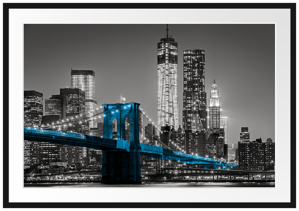 Pixxprint Brooklyn Bridge mit Wolkenkratzern, im Galerie-Passepartout Bilderrahmen