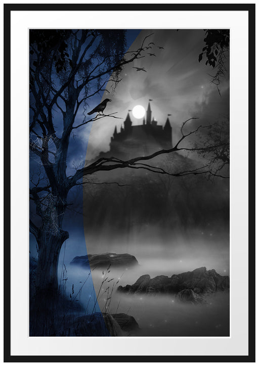 Wald mit Burg bei Nacht Passepartout 100x70