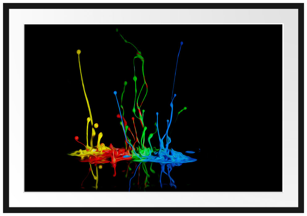 Pixxprint Dark bunte Farbspritzer, im Galerie-Passepartout Bilderrahmen