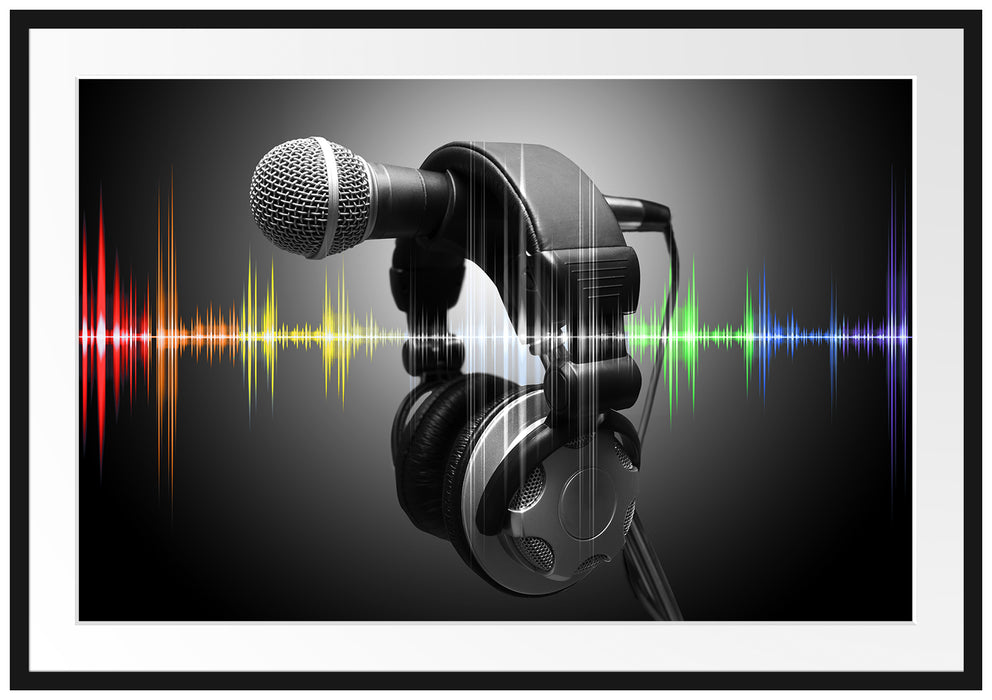 Pixxprint Mikrofon mit Kopfhörern, im Galerie-Passepartout Bilderrahmen
