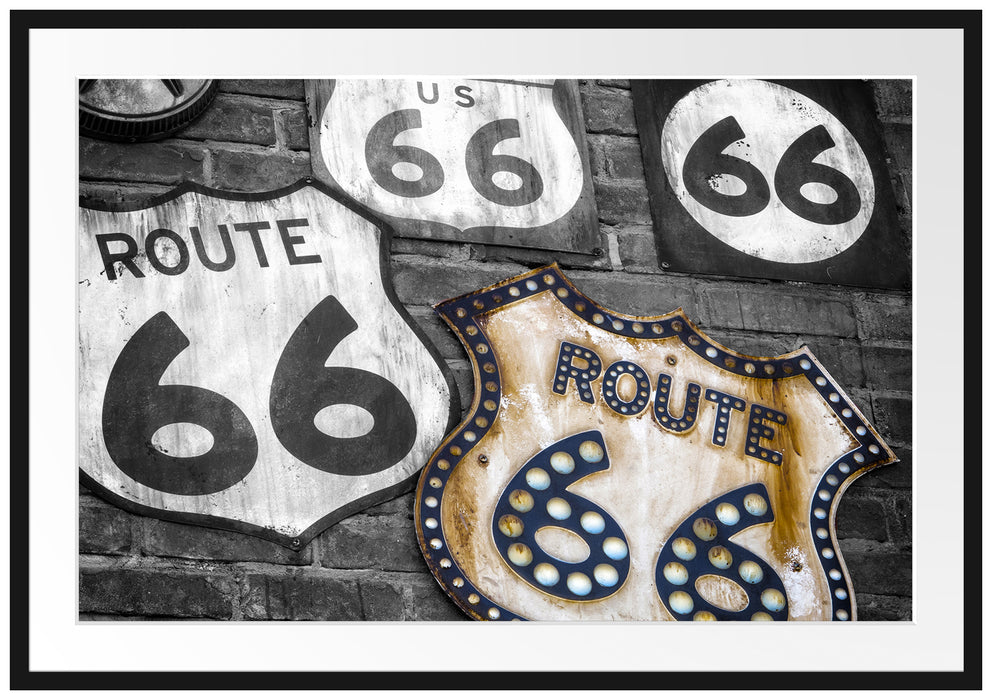 Pixxprint rustikale Route 66 Schilder, im Galerie-Passepartout Bilderrahmen