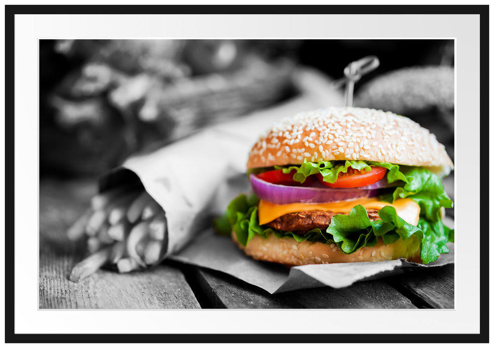 Pixxprint Burger mit Pommes, im Galerie-Passepartout Bilderrahmen