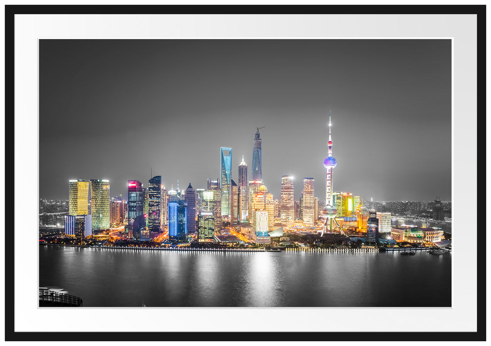 Pixxprint Shanghai Skyline bei Nacht, im Galerie-Passepartout Bilderrahmen