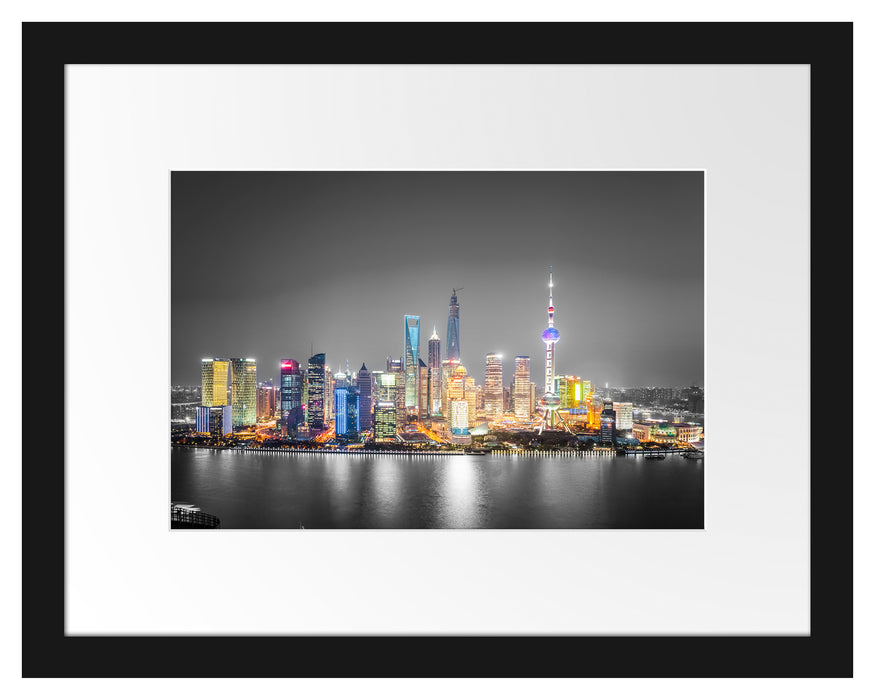 Shanghai Skyline bei Nacht Passepartout 38x30