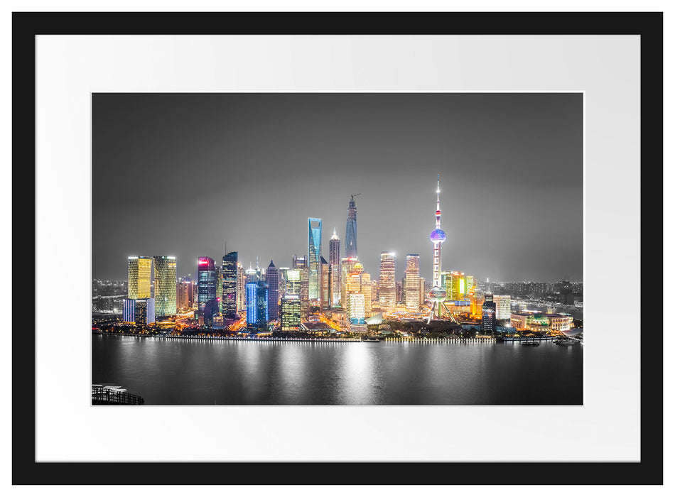 Shanghai Skyline bei Nacht Passepartout 55x40