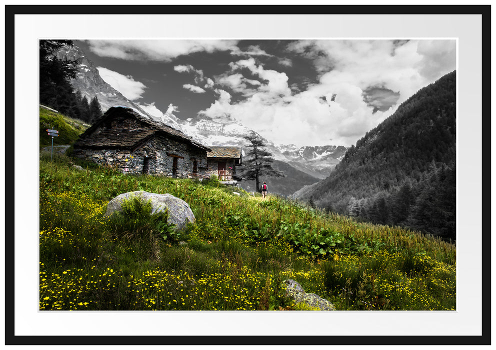 Pixxprint Steinhütte auf Berg, im Galerie-Passepartout Bilderrahmen