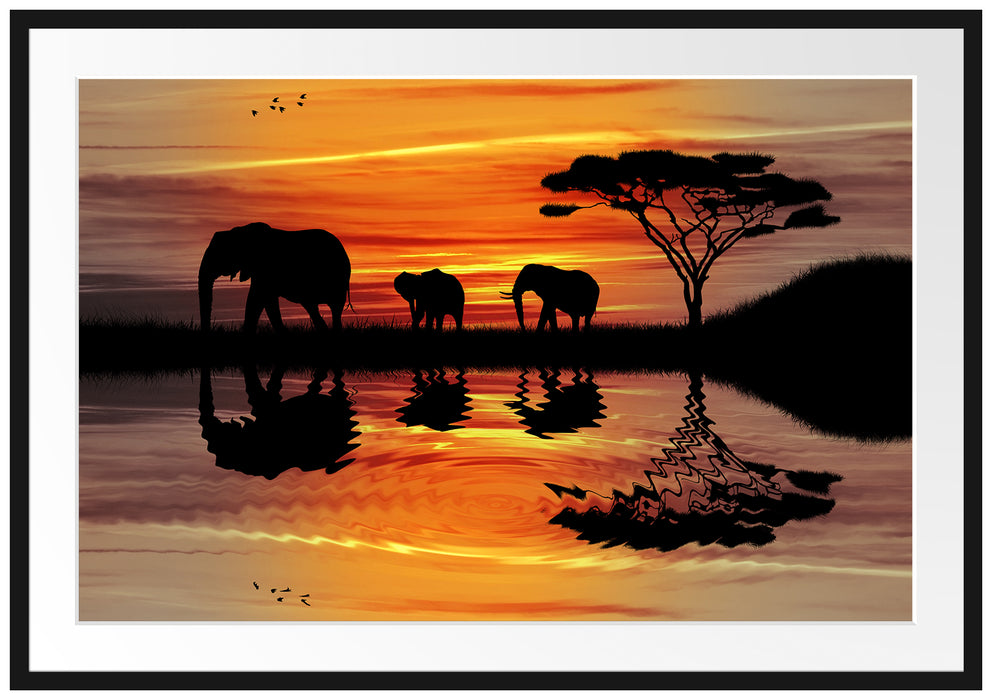 Pixxprint Afrika Elefant in Sonnenschein, im Galerie-Passepartout Bilderrahmen