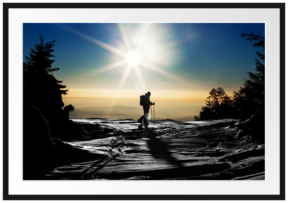 Pixxprint Ski Langläufer Berg, im Galerie-Passepartout Bilderrahmen
