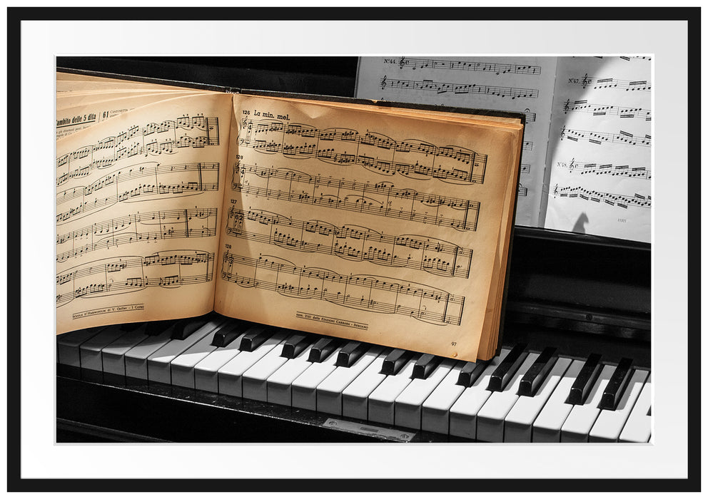 Pixxprint Notenbuch auf Piano, im Galerie-Passepartout Bilderrahmen