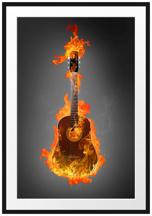 Pixxprint Brennende Gitarre Heiße Flammen, im Galerie-Passepartout Bilderrahmen