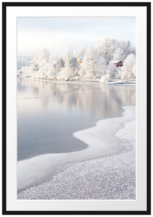 Pixxprint Winterlandschaft Wald Schnee, im Galerie-Passepartout Bilderrahmen