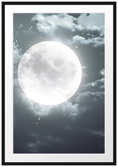 Pixxprint Vollmond Sterne Wolken, im Galerie-Passepartout Bilderrahmen