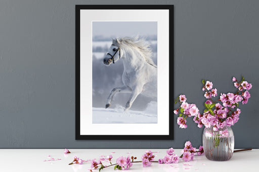 Weißes Pferd auf Schneewiese B&W Passepartout Wohnzimmer