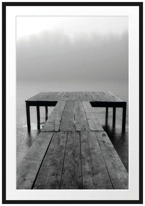 Pixxprint Steg am See Nebel, im Galerie-Passepartout Bilderrahmen