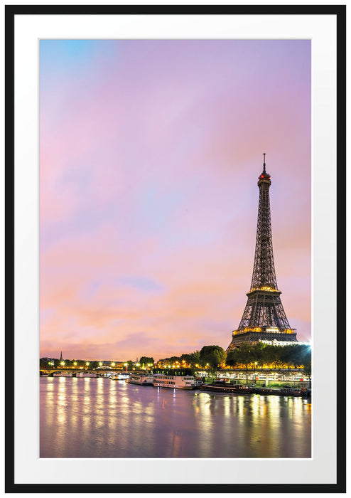Pixxprint Eifelturm Paris bei Nacht, im Galerie-Passepartout Bilderrahmen