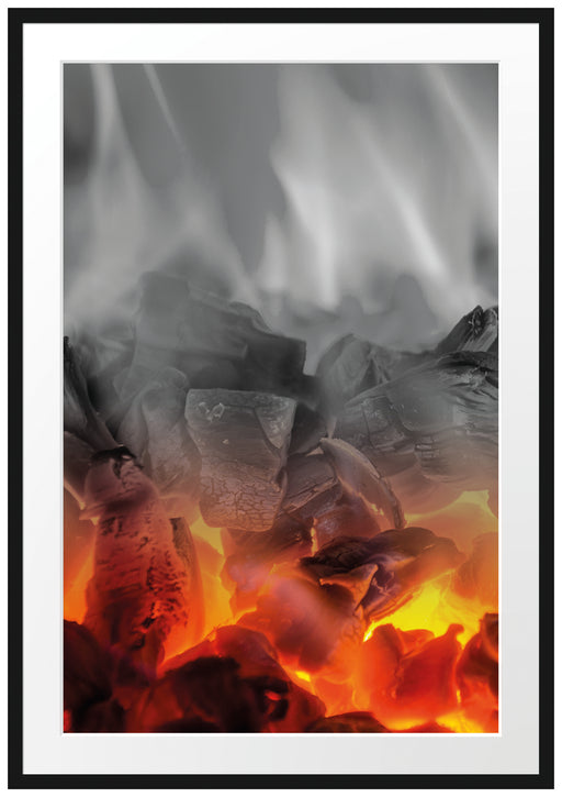 brennende Holzkohle in Kamin Passepartout 100x70