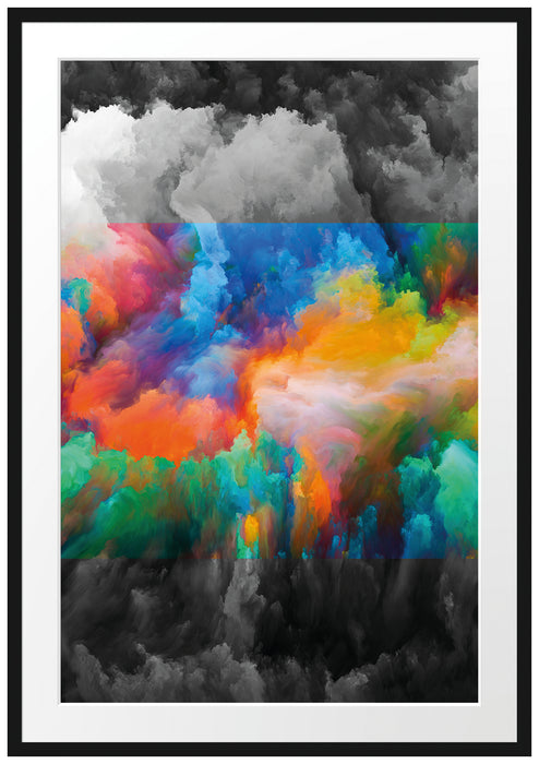 Pixxprint Buntes Farbenmeer Holi schwarz/weiß, im Galerie-Passepartout Bilderrahmen