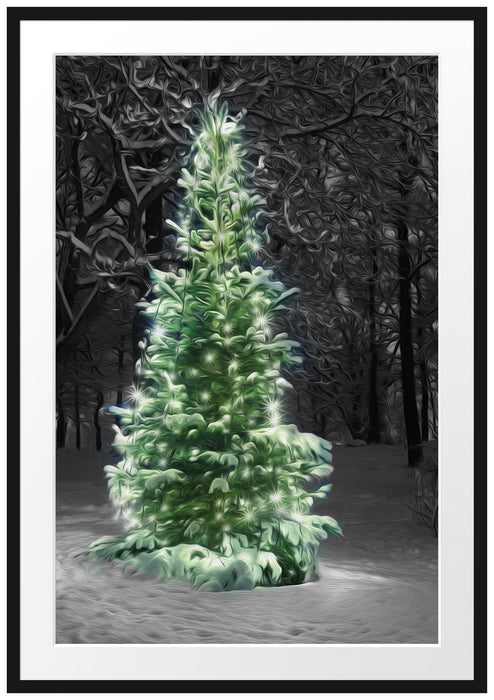 Pixxprint Weihnachtsbaum im Winterwald, im Galerie-Passepartout Bilderrahmen