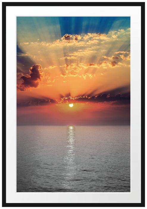 Pixxprint Sonnenuntergang auf Meer, im Galerie-Passepartout Bilderrahmen