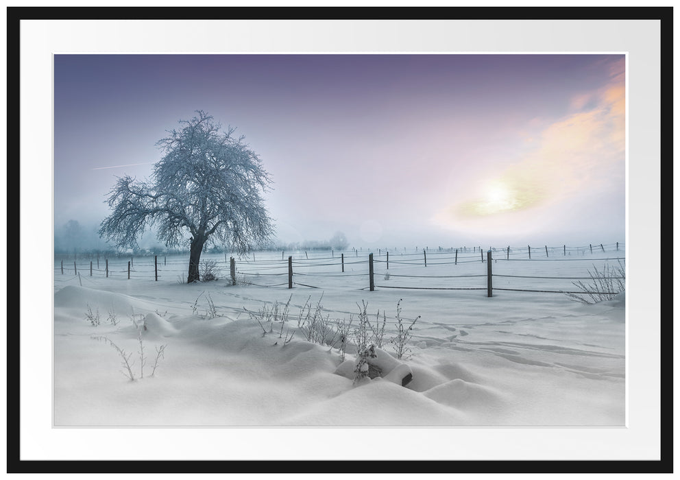 Pixxprint Baum in Winterlandschaft, im Galerie-Passepartout Bilderrahmen