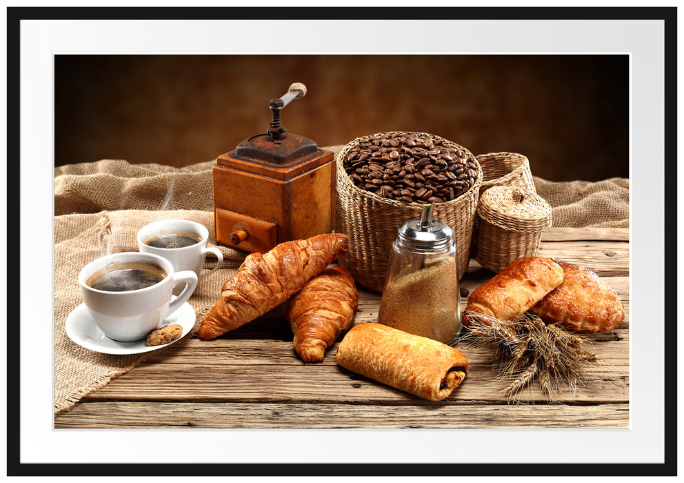 Pixxprint Aromatischer Kaffee mit Croissant, im Galerie-Passepartout Bilderrahmen