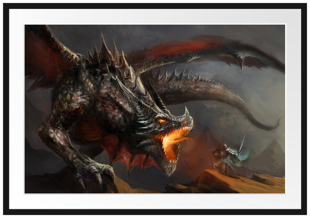 Pixxprint Kampf zwischen Mensch und Drache, im Galerie-Passepartout Bilderrahmen