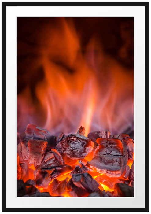 Pixxprint Loderndes Feuer, im Galerie-Passepartout Bilderrahmen