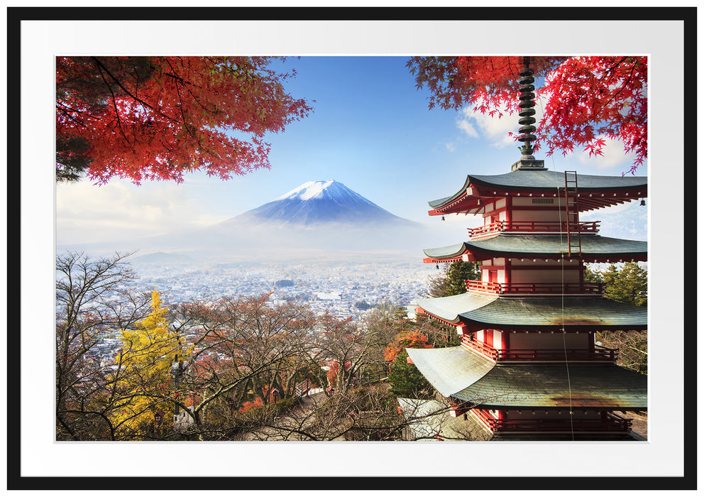 Pixxprint Japanischer Tempel im Herbst, im Galerie-Passepartout Bilderrahmen