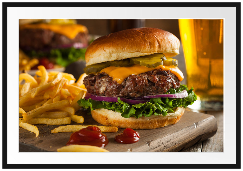 Pixxprint Saftiger Chili Cheese Burger, im Galerie-Passepartout Bilderrahmen
