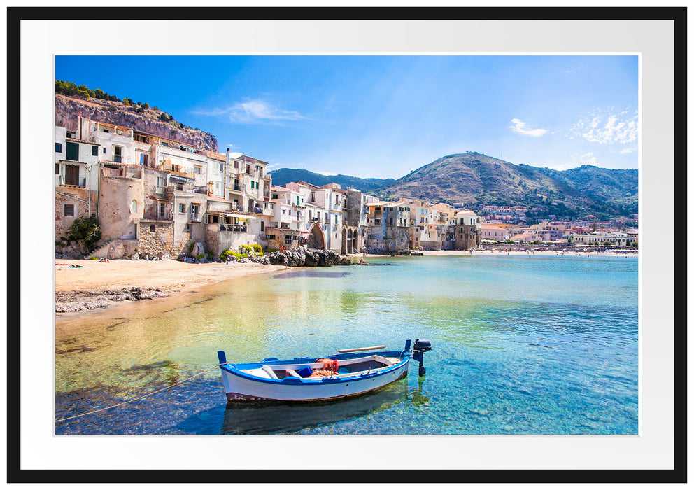 Pixxprint Wundervoller Blick auf Cefalu, im Galerie-Passepartout Bilderrahmen