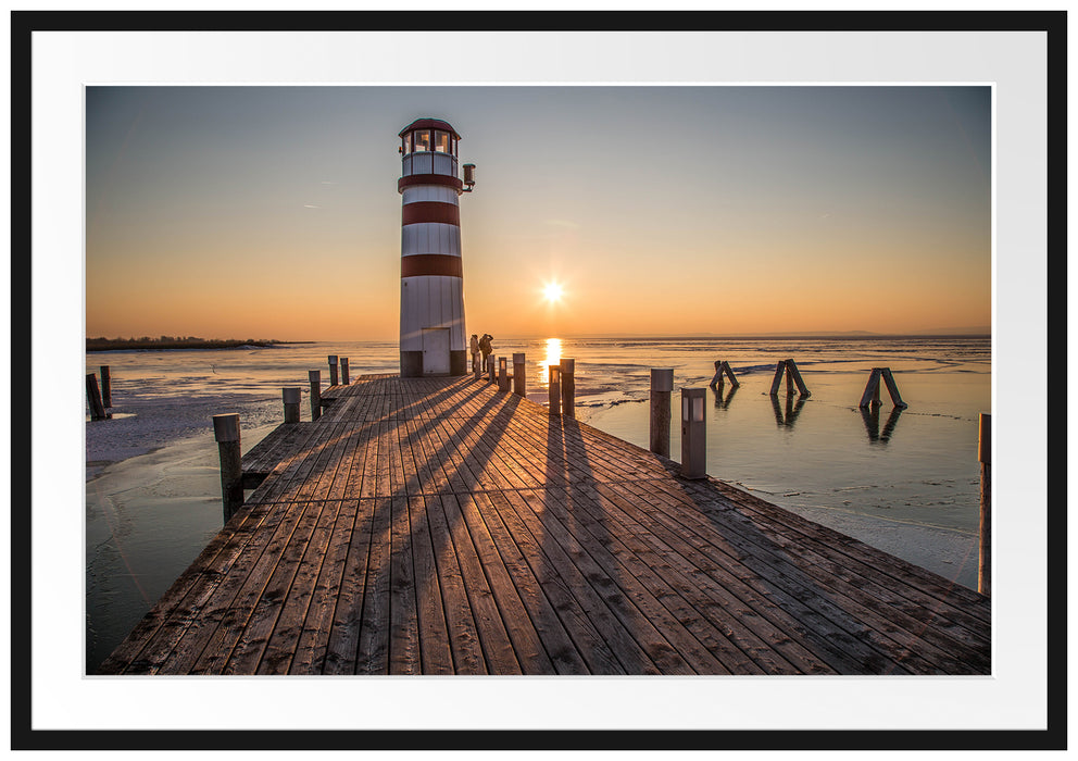 Pixxprint Leuchtturm vor Sonnenuntergang, im Galerie-Passepartout Bilderrahmen