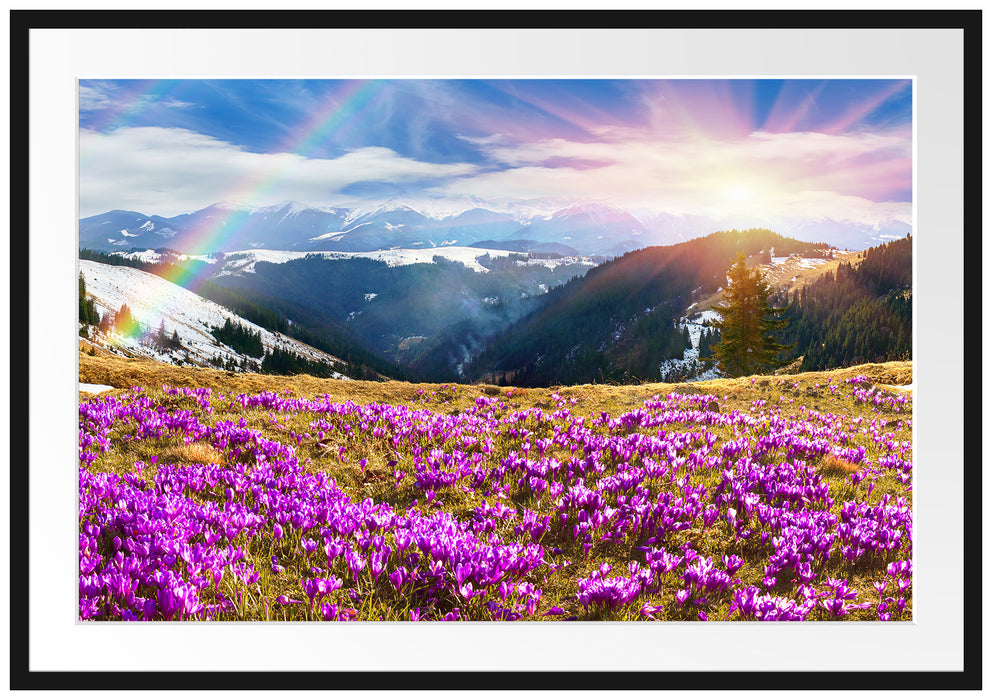 Pixxprint Berge mit Regenbogen, im Galerie-Passepartout Bilderrahmen