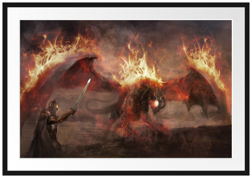 Pixxprint Ritter Drachen Feuer, im Galerie-Passepartout Bilderrahmen