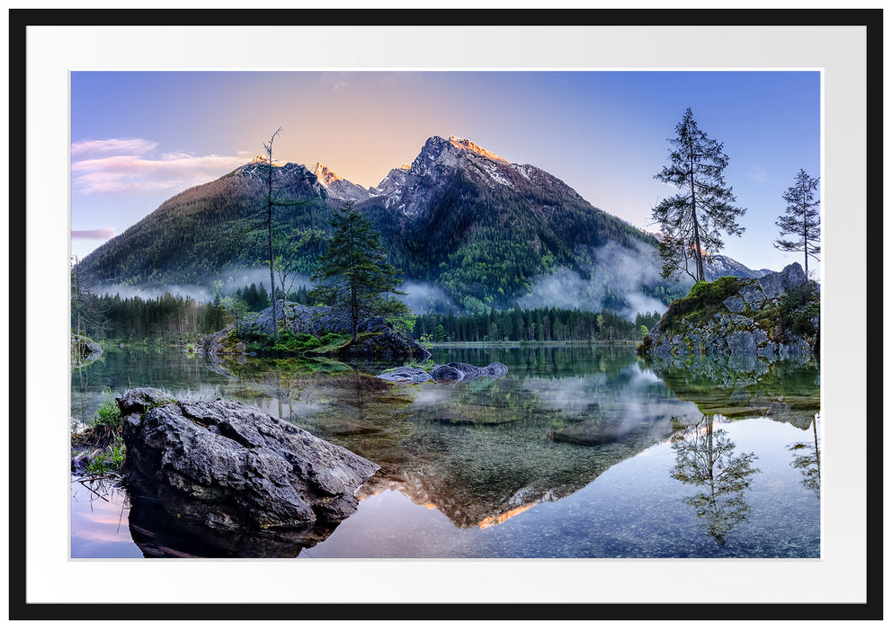 Pixxprint Sonnenaufgang am Hintersee, im Galerie-Passepartout Bilderrahmen