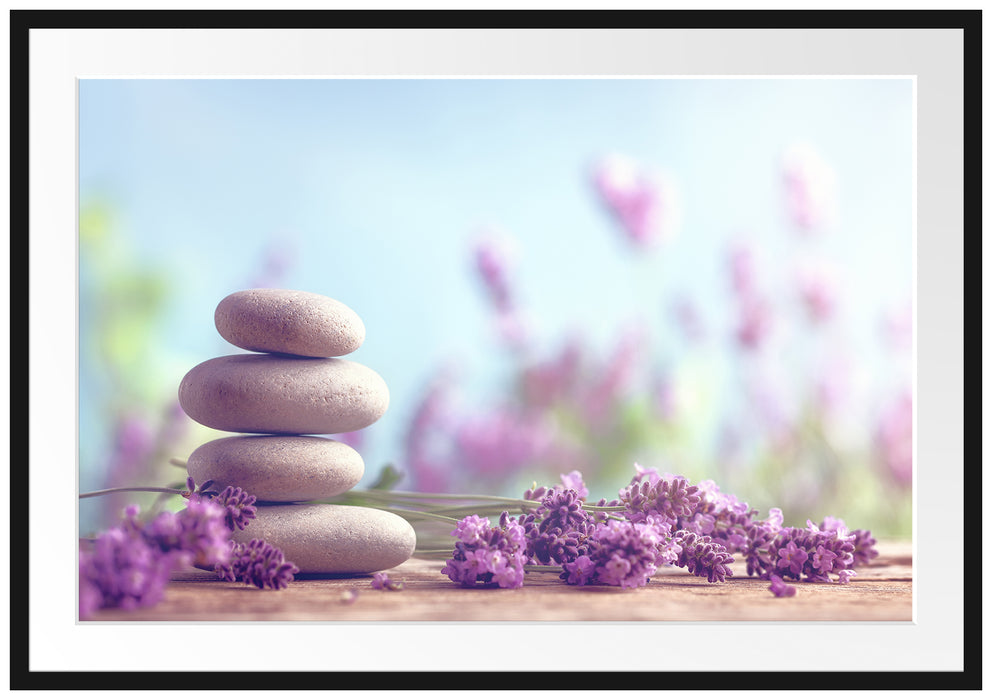Pixxprint Lavendel Spa-Stillleben, im Galerie-Passepartout Bilderrahmen