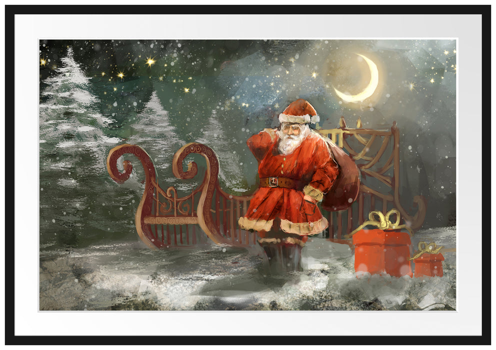 Pixxprint Weihnachtsmann mit Geschenken, im Galerie-Passepartout Bilderrahmen