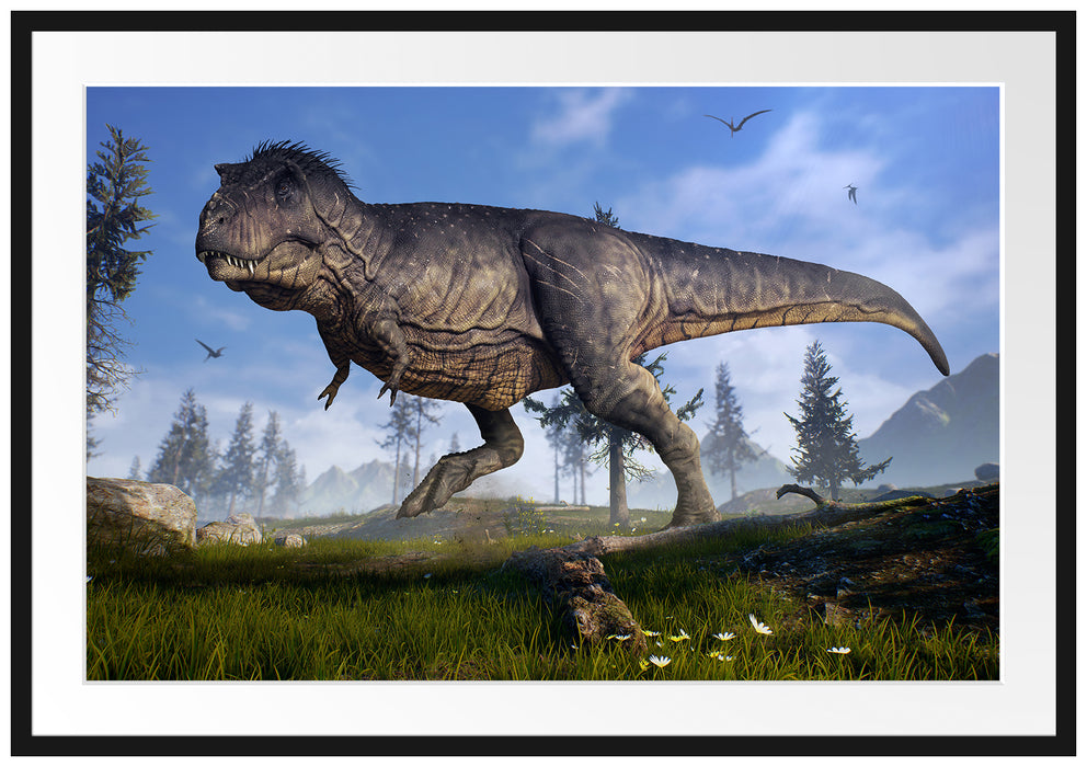 Pixxprint T-Rex Dinosaurier in der Natur, im Galerie-Passepartout Bilderrahmen