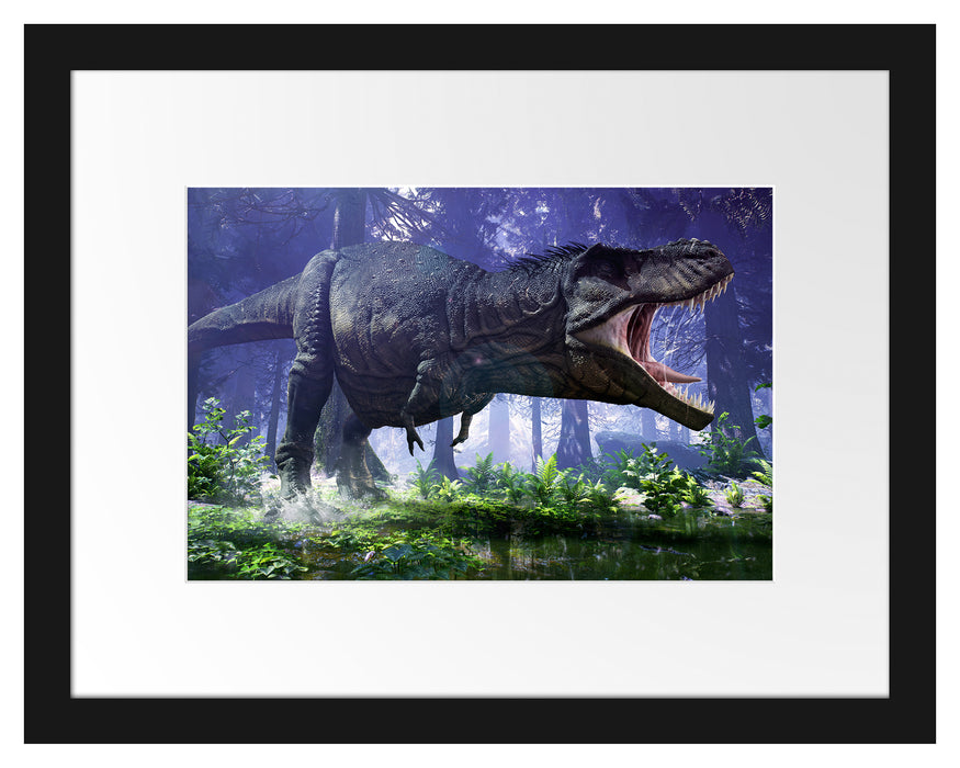 T-Rex Dinosaurier im Wald Passepartout 38x30