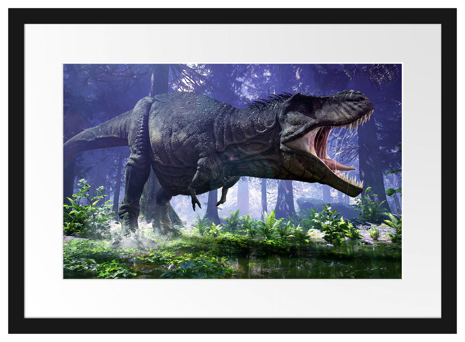 T-Rex Dinosaurier im Wald Passepartout 55x40