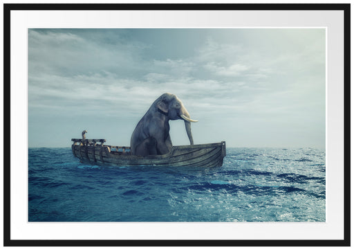 lustig sitzender Elefant im Boot Passepartout 100x70
