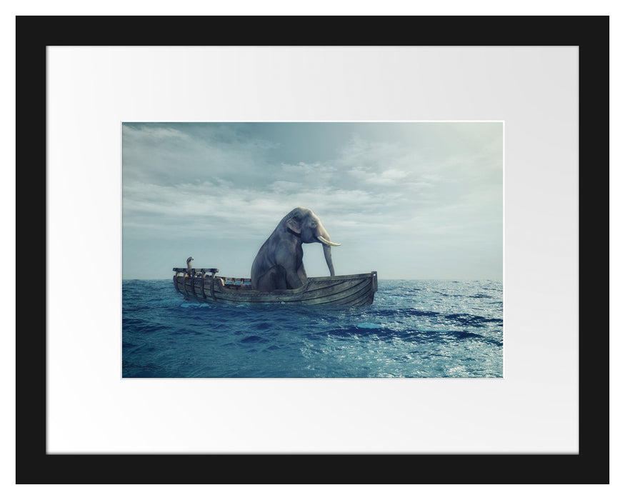 lustig sitzender Elefant im Boot Passepartout 38x30