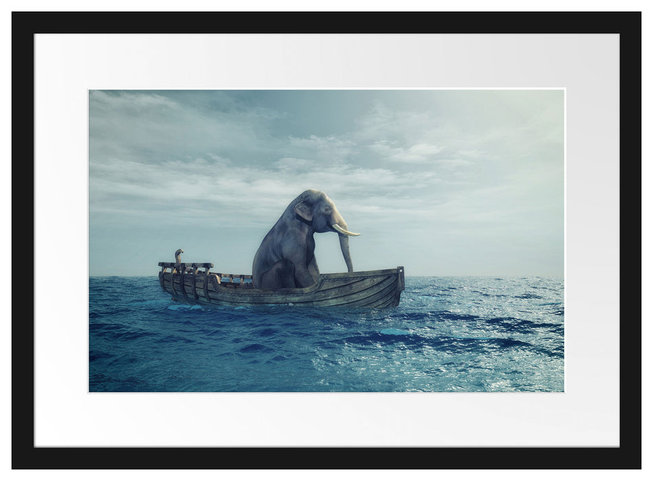 lustig sitzender Elefant im Boot Passepartout 55x40