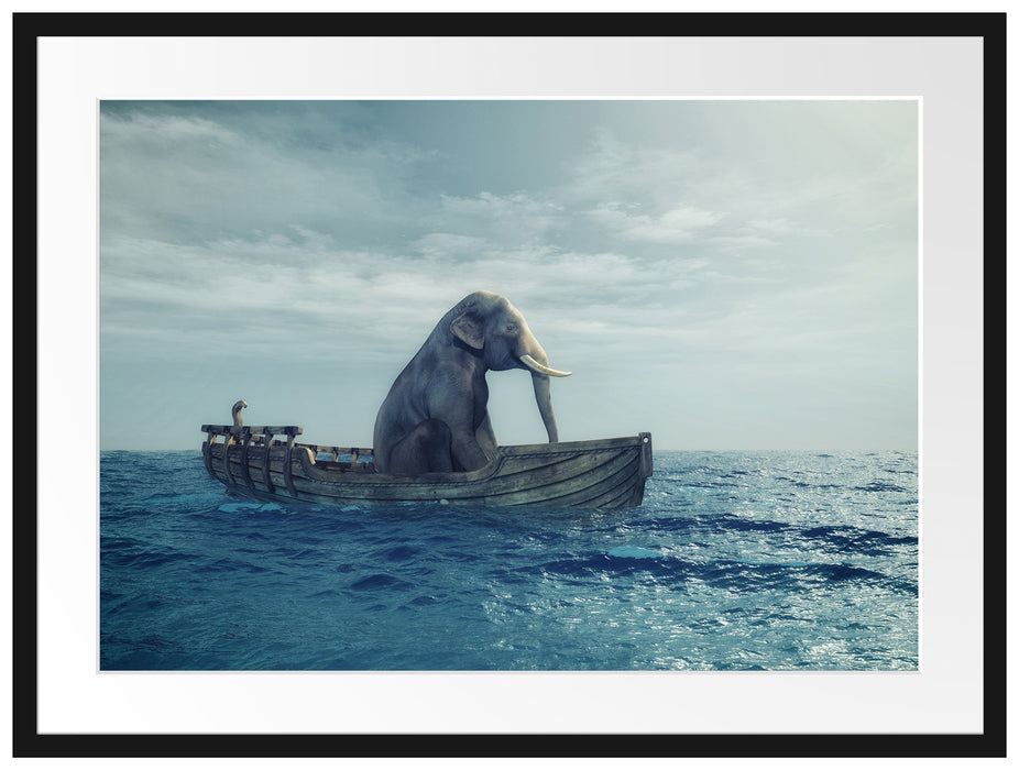 lustig sitzender Elefant im Boot Passepartout 80x60